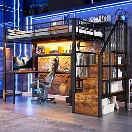 Merax Hochbett 90x200 cm mit Schreibtisch, Treppe