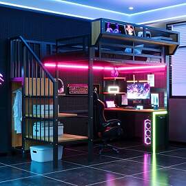 Merax Metall Hochbett 90x200 cm, mit Schreibtisch, 