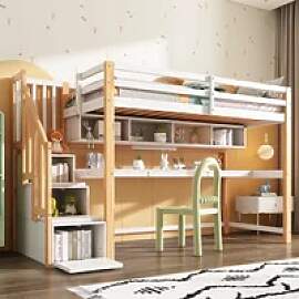 Modernes Kinderbett mit großem Schreibtisch und