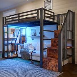 MODFU Hochbett 90x200 Metallbett mit Stufen, LED