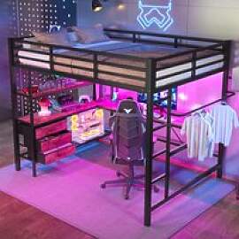 MODFU Hochbett Metall 140x200cm mit Ambientelicht, 