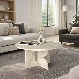 moebel17 Couchtisch Rund Ø 75 cm Travertin Optik