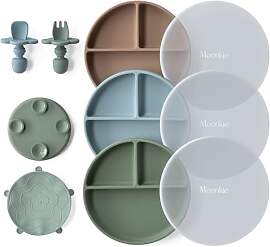 Moonkie 3pc Silikon Kinderteller mit Deckel, Baby