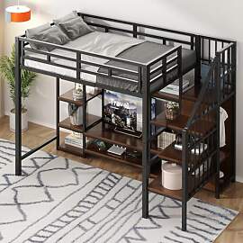 Mrwoo Kinderbett Hochbett 90x200 mit TV-Ständer,