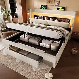 Mrwoo Polsterbett Doppelbett 160x200 cm mit LED,
