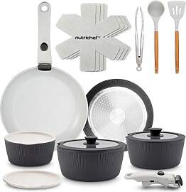 NutriChef Topfset 18 Teilig Keramik Grau mit
