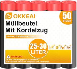 OKKEAI Müllsäcke 25L mit Zugband, 50 Stück –