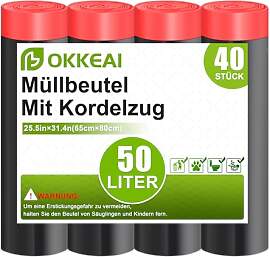 OKKEAI Schwarz Müllsäcke 50Liter mit Zugband