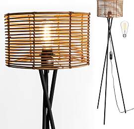 Osasy Stehlampe Dimmbar Holz mit Rattan schirm,