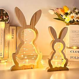 Osterdeko Holz Hase mit LED Lichterkette, 2 Stück 