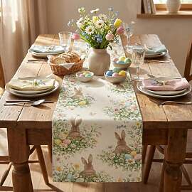 Ostern Tischläufer mit Hasen, Blumen und Eiern,