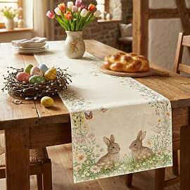 Ostern Tischläufer mit Hasen und Blumen,