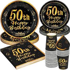 PARTY GO 96 Stück Schwarz und Gold Party Geschirr 