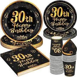 PARTY GO 96 Stück Schwarz und Gold Party Geschirr 