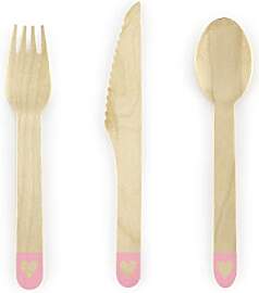 PartyDeco Holzbesteck mit gedrucktem Herz Pink-