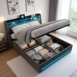 Polsterbett 140x200 cm, LED Doppelbett mit