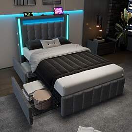 Polsterbett 90x200, LED Einzelbett mit USB Typ C