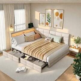 Polsterbett Schlafsofa 140x190, Einzelbett mit LED 