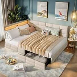 Polsterbett Schlafsofa 140x200, Einzelbett mit LED 