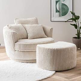 Polstersessel und Fußhocker in Cremefarben Cord