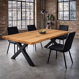 Premium-Tisch Wildeiche Baumkante mit X-Gestell