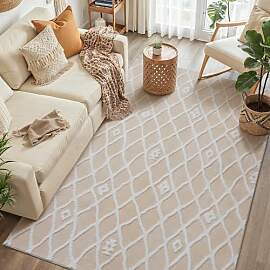 PureCozy Beige Weiß Teppich Wohnzimmer 120x170cm