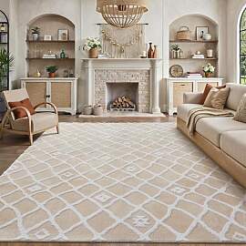 PureCozy Beige Weiß Teppich Wohnzimmer 200x300cm