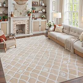 PureCozy Beige Weiß Teppich Wohnzimmer 240x300cm