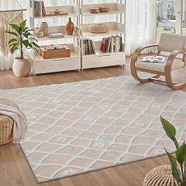 PureCozy Beige Weiß Teppich Wohnzimmer 80x150cm