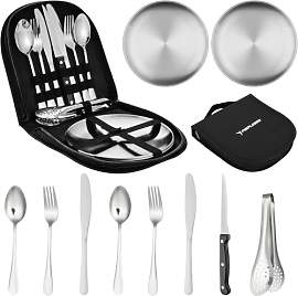 PURPLEBIRD Camping Geschirr Set 2 Personen, Silber 