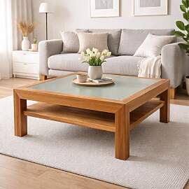 Quadratischer Kernbuche Couchtisch mit Glasplatte