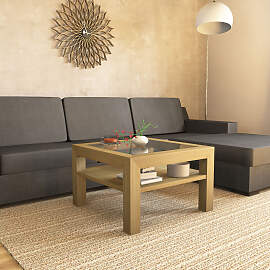 Quadratischer Massivholz Couchtisch mit Glasplatte 