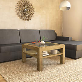 Quadratischer Massivholz Couchtisch mit Glasplatte 