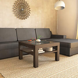 Quadratischer Massivholz Couchtisch mit Glasplatte 