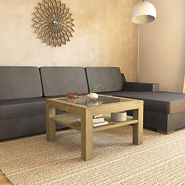 Quadratischer Massivholz Couchtisch mit Glasplatte 