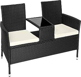 Rattan Gartensitzbank mit Tisch - schwarz/beige