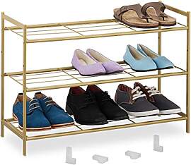 Relaxdays Metall Schuhregal, 3 Ebenen, gold, HBT
