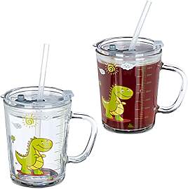 Relaxdays Trinkglas Kinder, 2er Set, Dino-Motiv,