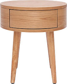 Runder Nachttisch aus hellem Holz mit Schublade