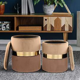 Samt Hocker Set in Hellbraun und Goldfarben