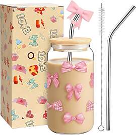 Schleife Trinkglas mit Strohhalm und Deckel, 16 Oz 