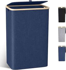 Schmaler Wäschekorb mit Deckel 100L, Bambusdeckel 