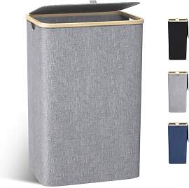 Schmaler Wäschekorb mit Deckel 100L, Bambusdeckel 