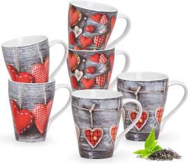 Schöne Tassen 6er Set mit Herzen in grau rot im