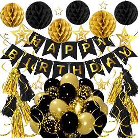 Schwarz Gold Geburtstag Dekorationen - Happy