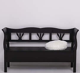 Schwarze Holzbank mit Lehne und viel Stauraum