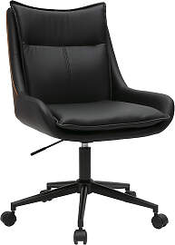 Schwarzer Bürostuhl auf Rollen mit dunklem Holz