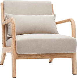 Sessel aus hellem Holz und beigem Stoff mit
