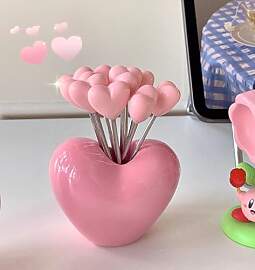 Set aus 10 Obstgabeln aus Edelstahl und 1 rosa