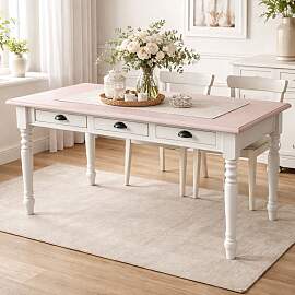 Shabby Landhaustisch altweiß mit rosa Platte, 180 